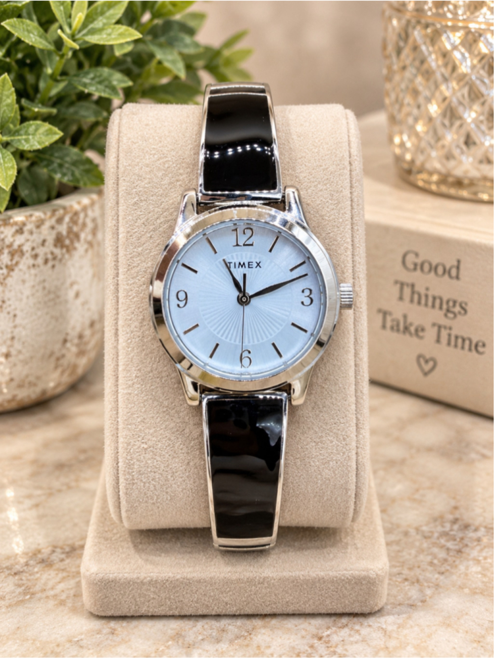 Timex TW2R92700 Women’s Silver Black Bangle Watch Stretch Band Quartz